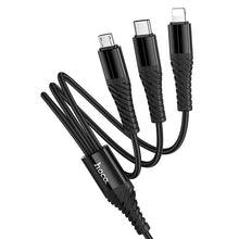 Заредете изображение във визуализатора на галерията – Cable 3in1 USB C / USB A to Lightning + USB C + Micro USB Hoco 1 m X123 black

