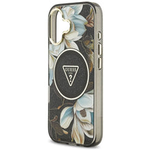 Заредете изображение във визуализатора на галерията – GUESS case for IPHONE 17 compatible with MagSafe GUHMP17SHFLPEDK (IML Metal Glitter Flowers Triangle) black
