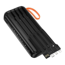 Заредете изображение във визуализатора на галерията – Powerbank Hoco 20000 mAh 2A with built-in cables USB A + USB C+ Lightning + Micro USB and double light J151A black
