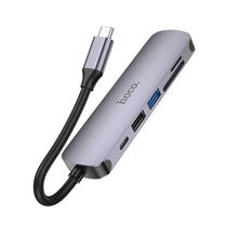 Заредете изображение във визуализатора на галерията – Adapter HUB 6in1 (HDTV+USB 3.0+USB 2.0+SD+TF+PD) USB-C Hoco HB28 black
