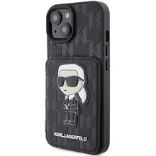 Заредете изображение във визуализатора на галерията – Karl Lagerfeld Saffiano Cardslots and Stand Monogram Ikonik Patch case for iPhone 15 - black
