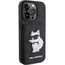 Заредете изображение във визуализатора на галерията – Karl Lagerfeld Saffiano Cardslots and Stand Monogram Choupette Case for iPhone 15 Pro Max - Black
