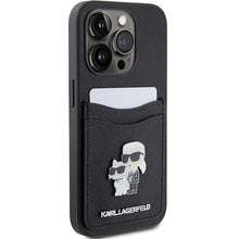 Заредете изображение във визуализатора на галерията – Karl Lagerfeld Saffiano Cardslot Karl&amp;Choupette Metal Pin case for iPhone 15 Pro - black
