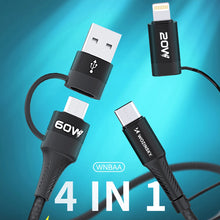Заредете изображение във визуализатора на галерията – Wozinsky WNBAA 4in1 cable 2x USB-C 1x USB-A 1x Lightning 60W 1 m - black
