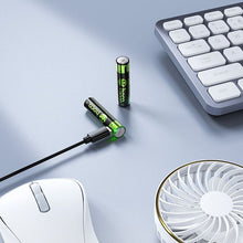 Заредете изображение във визуализатора на галерията – Rechargeable battery R3 (AAA) 320 mAh with USB C + cable USB A to 2 x USB C 2 pcs Hoco JA4 black
