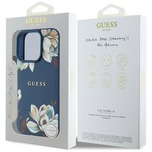 Заредете изображение във визуализатора на галерията – GUESS case for IPHONE 16 Pro compatible with MagSafe GUHMP16LPGNMPLMB (PU Grained Flowers Classic Logo) blue
