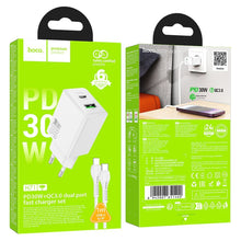 Заредете изображение във визуализатора на галерията – HOCO wall charger USB A + Type C + cable Type C to Type C 60W PD QC3.0 AFC 3A 30W N71 white
