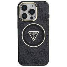 Заредете изображение във визуализатора на галерията – GUESS case for IPHONE 16 Pro compatible with MagSafe GUHMP16LHG4PRTGK (IML Metal Glitter 4G Circle Triangle) black
