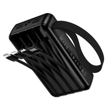 Заредете изображение във визуализатора на галерията – Powerbank 20000 mAh QC PD 22,5W with built-in cables USB A + USB C+ Lightning + Micro USB and two lights Hoco J173 black
