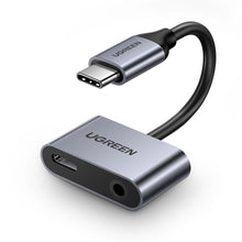 Заредете изображение във визуализатора на галерията – Ugreen CM193 50596 audio adapter two-port USB-C (male) - mini jack 3.5mm / USB-C (female) - gray
