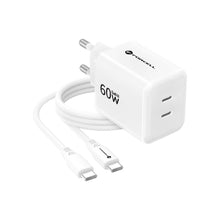 Заредете изображение във визуализатора на галерията – Phone charger Forcell F-Energy GaN III Crystal Color 2x USB C AVS SSFC3.0 60W + silicone cable USB C to USB C VT-60 white
