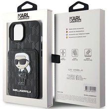 Заредете изображение във визуализатора на галерията – Karl Lagerfeld Saffiano Cardslots and Stand Monogram Ikonik Patch case for iPhone 15 - black
