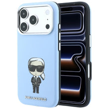Заредете изображение във визуализатора на галерията – KARL LAGERFELD case for IPHONE 18 Pro/ 17 Pro compatible with MagSafe (Smooth Ikonik Sketch) light blue

