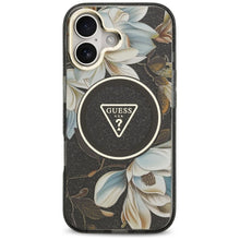 Заредете изображение във визуализатора на галерията – GUESS case for IPHONE 17 compatible with MagSafe GUHMP17SHFLPEDK (IML Metal Glitter Flowers Triangle) black
