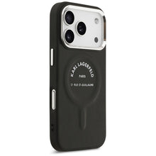 Заредете изображение във визуализатора на галерията – KARL LAGERFELD case for IPHONE 17 Pro compatible with MagSafe KLHMP17LPSKRSGEK (PU W/ Karl RSG Logo) black
