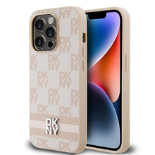 Заредете изображение във визуализатора на галерията – Original Case DKNY hardcase Leather Checkered Mono Pattern &amp; Printed Stripes DKHCP14LPCPTSSP for Iphone 14 Pro pink
