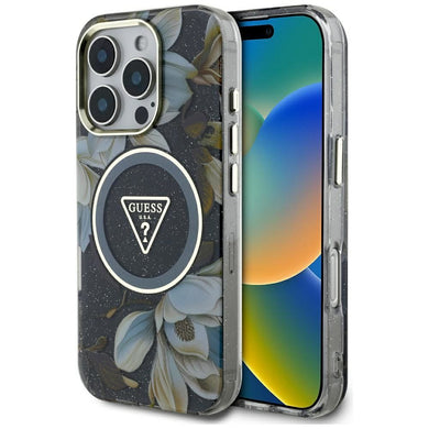 GUESS case for IPHONE 16 Pro Max compatible with MagSafe GUHMP16XHFLPEDK (IML Metal Glitter Flowers Triangle) black