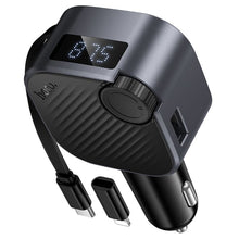 Заредете изображение във визуализатора на галерията – Car charger Hoco QC3.0 PD 45W with retractable cable and FM transmitter E167 black

