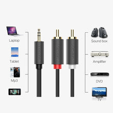 Заредете изображение във визуализатора на галерията – Ugreen AV102 10510 cable 3.5 mm mini jack (male) / 2RCA (male) 2m - gray
