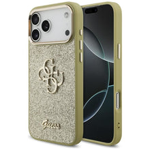 Заредете изображение във визуализатора на галерията – GUESS case for IPHONE 17 Pro Max GUHCP17XHG4SGCD (Fixed Glitter Big 4G Metal Frame) gold
