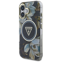 Заредете изображение във визуализатора на галерията – GUESS case for IPHONE 16 compatible with MagSafe GUHMP16SHFLPEDK (IML Metal Glitter Flowers Triangle) black
