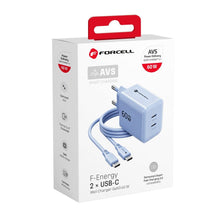 Заредете изображение във визуализатора на галерията – Phone charger Forcell F-Energy GaN III Crystal Color 2x USB C AVS SSFC3.0 60W + silicone cable USB C to USB C VT-60 blue
