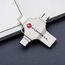 Заредете изображение във визуализатора на галерията – FORCELL F-DATA pendrive Metal Quad 64GB USB3.2 Gen 1 (USB A / Type C / Lightning / Micro USB) silver
