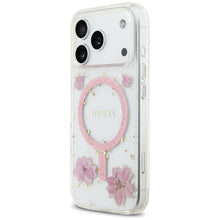 Заредете изображение във визуализатора на галерията – GUESS case for IPHONE 17 Pro compatible with MagSafe GUHMP17LRBFGFGMP (Resin Flowers and Glitter) pink
