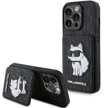 Заредете изображение във визуализатора на галерията – Karl Lagerfeld Saffiano Cardslots and Stand Monogram Choupette Case for iPhone 15 Pro Max - Black
