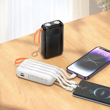 Заредете изображение във визуализатора на галерията – Powerbank Hoco 10000 mAh with built-in cables USB A + USB C+ Lightning + Micro USB and double light J151 black
