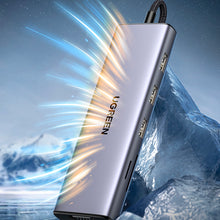 Заредете изображение във визуализатора на галерията – Ugreen CM498 15600 USB-C adapter - 3x USB-A 3.0 / HDMI / VGA / RJ45 / SD / TF card reader / USB-C PD - gray
