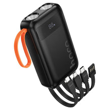 Заредете изображение във визуализатора на галерията – Powerbank Hoco 10000 mAh with built-in cables USB A + USB C+ Lightning + Micro USB and double light J151 black
