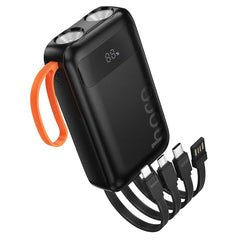 Външна батерия Hoco 10000 mAh 2A с вградени кабели USB A + USB C+ Lightning + Micro USB и двойна светлина J151 - черна