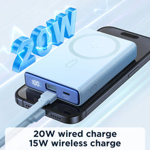 Заредете изображение във визуализатора на галерията – Powerbank Joyroom JR-PBM01 magnetic 10000mAh 20W with stand + Lightning cable - USB-C - blue
