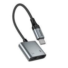 Заредете изображение във визуализатора на галерията – Adapter AUX USB C to 2x USB C max 10W Hoco UPA34A UPA34A gray
