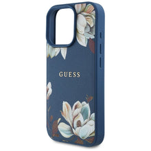 Заредете изображение във визуализатора на галерията – GUESS case for IPHONE 16 Pro compatible with MagSafe GUHMP16LPGNMPLMB (PU Grained Flowers Classic Logo) blue
