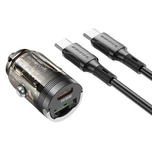 Заредете изображение във визуализатора на галерията – Borofone Car charger BZ29A Talented - USB + Type C - QC 3.0 PD 36W 3A with Type C to Type C transparent-black
