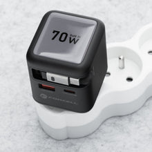 Заредете изображение във визуализатора на галерията – FORCELL F-ENERGY GaN III VT-R7 travel charger with retractable cable Type C and 1x Type C, 1x USB A charging ports PD QC4.0 3A 70W gray
