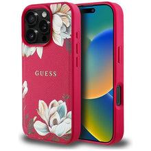 Заредете изображение във визуализатора на галерията – GUESS case for IPHONE 16 Pro Max compatible with MagSafe GUHMP16XPGNMPLMF (PU Grained Flowers Classic Logo) fuschia
