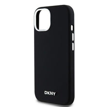 Заредете изображение във визуализатора на галерията – DKNY case for IPHONE 15 Plus compatible with MagSafe DKHMP15MSMCHLK (DKNY HC MagSafe Silicone W/Horizontal Metal Logo) black
