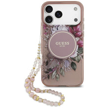 Заредете изображение във визуализатора на галерията – GUESS case for IPHONE 17 Pro Max compatible with MagSafe GUHMP17XHFWBRCESP (IML Flowers with Pearl Strap) pink
