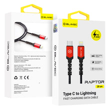 Заредете изображение във визуализатора на галерията – Blavec Cable Raptor braided - Type C to Lightning - PD 20W 2,4A 0,25 metres (CRA-CL24BR025) black-red
