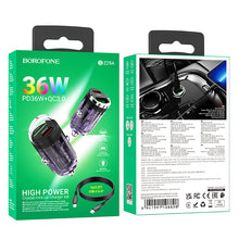 Заредете изображение във визуализатора на галерията – Borofone Car charger BBZ29A Talented - USB + Type C - QC 3.0 PD 36W 3A with Type C to Lightning transparent-purple
