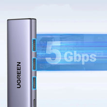 Заредете изображение във визуализатора на галерията – HUB Ugreen CM511 15597 5in1 USB-C - USB-C PD / HDMI / 3x USB-A 3.0 - gray
