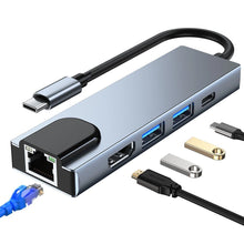Заредете изображение във визуализатора на галерията – HUB Tech-Protect V3 5in1 USB-C - USB-A 3.0 / USB-A 2.0 / USB-C / HDMI / RJ45 - gray
