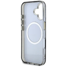 Заредете изображение във визуализатора на галерията – GUESS case for IPHONE 16 compatible with MagSafe GUHMP16SHFLPEDK (IML Metal Glitter Flowers Triangle) black
