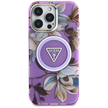 Заредете изображение във визуализатора на галерията – GUESS case for IPHONE 16 Pro Max compatible with MagSafe GUHMP16XHFLPEDU (IML Metal Glitter Flowers Triangle) purple
