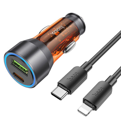 HOCO зарядно за кола USB A + Type C + кабел Type C към Lightning PD QC3.0 3A 43W NZ12A прозрачно оранжево