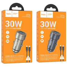 Заредете изображение във визуализатора на галерията – Car charger Hoco USB A + USB C QC3.0 PD 30W + cable USB C to Lightning Z57A black
