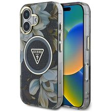 Заредете изображение във визуализатора на галерията – GUESS case for IPHONE 16 compatible with MagSafe GUHMP16SHFLPEDK (IML Metal Glitter Flowers Triangle) black

